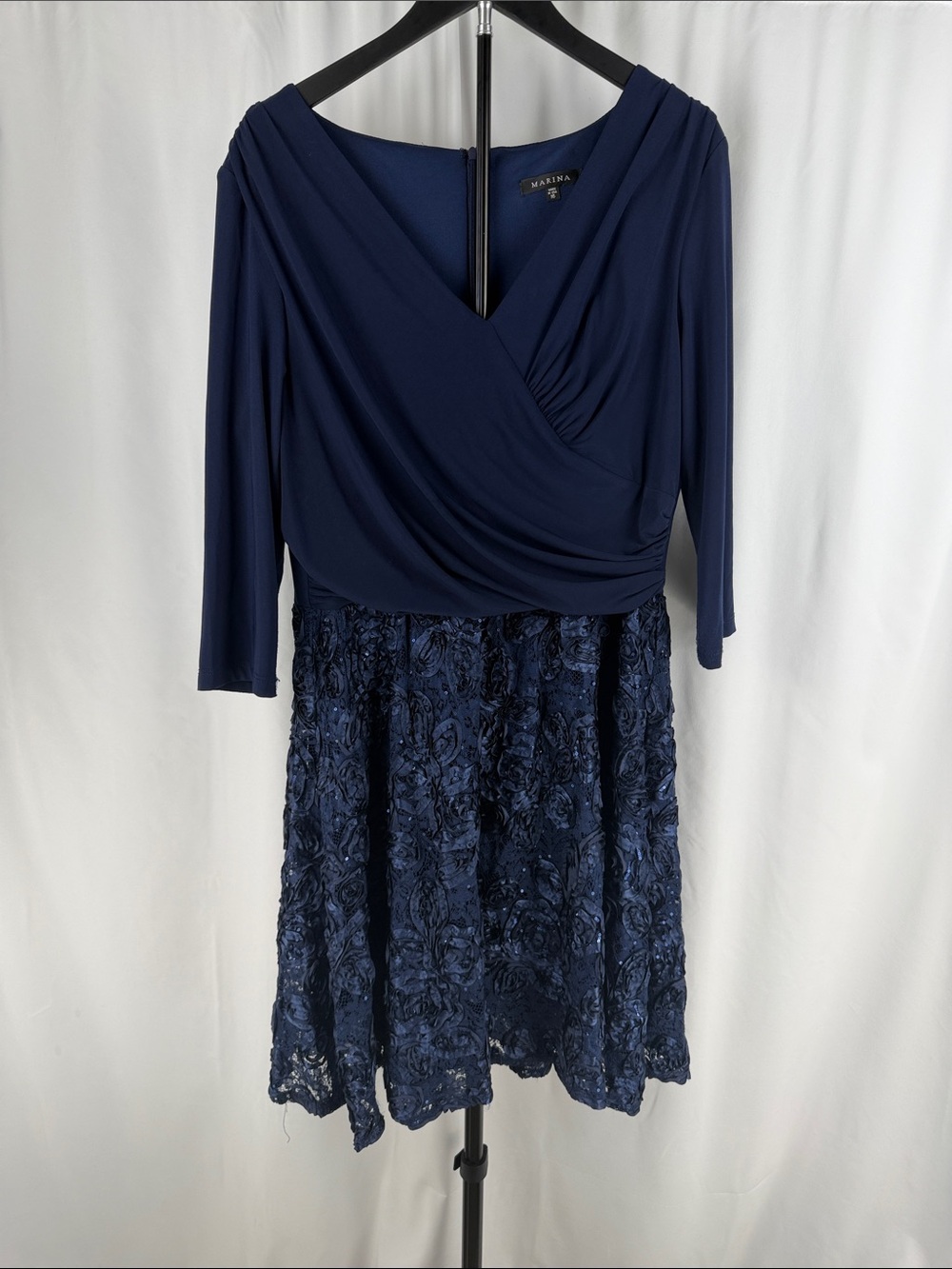 MARINA Navy Draped V-Neck Cocktail Dress